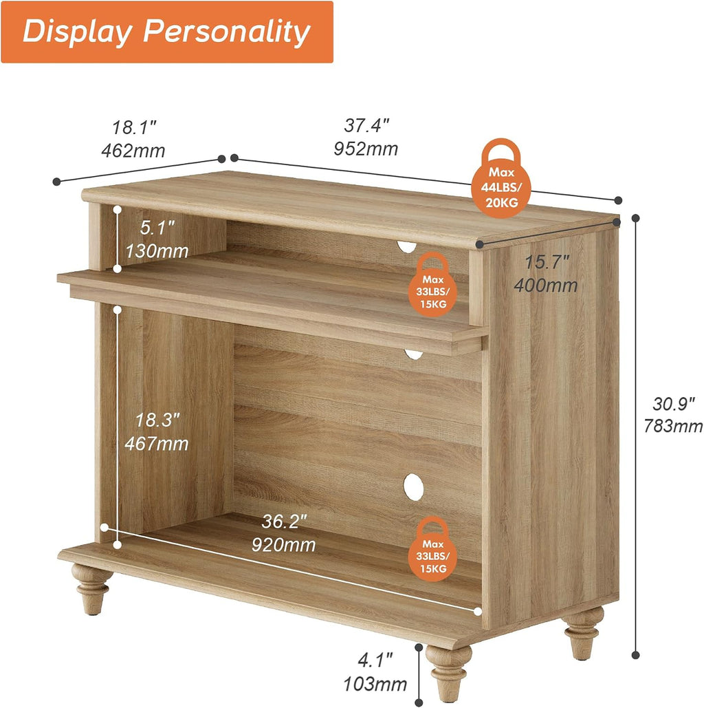 WAMPAT Tall Side Table, Large End Table with 2 Storages for Living Room, Farmhouse TV Stand with Storage Shelf, Oak, 37"