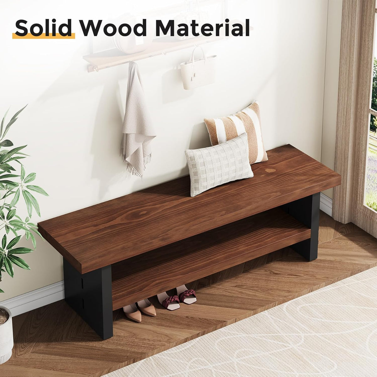 47" Solid Wood Entryway Bench with Shoe Storage, 2-Tier Modern Farmhouse Hallway Bench with Open Shelf for Bedroom, Dining Room, Mudroom, Easy Assembly, Dark Walnut & Black