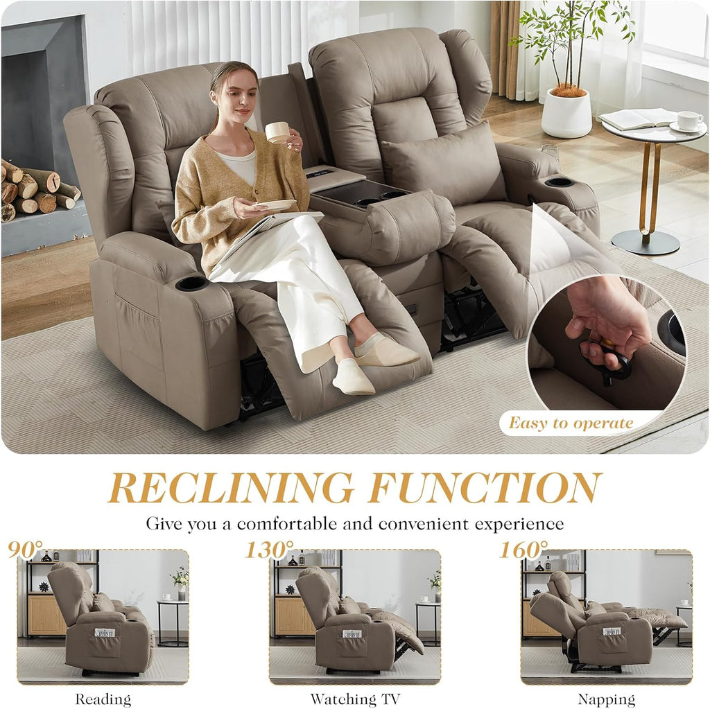 Loveseat Recliner Sofa,RV Wall Hugger Recliners for Small Spaces,Reclining Loveseat Sofa Recliner with Cup Holders/Lumbar Pillows,RV Furniture (Khaki, Loveseat with Flip-up Console)