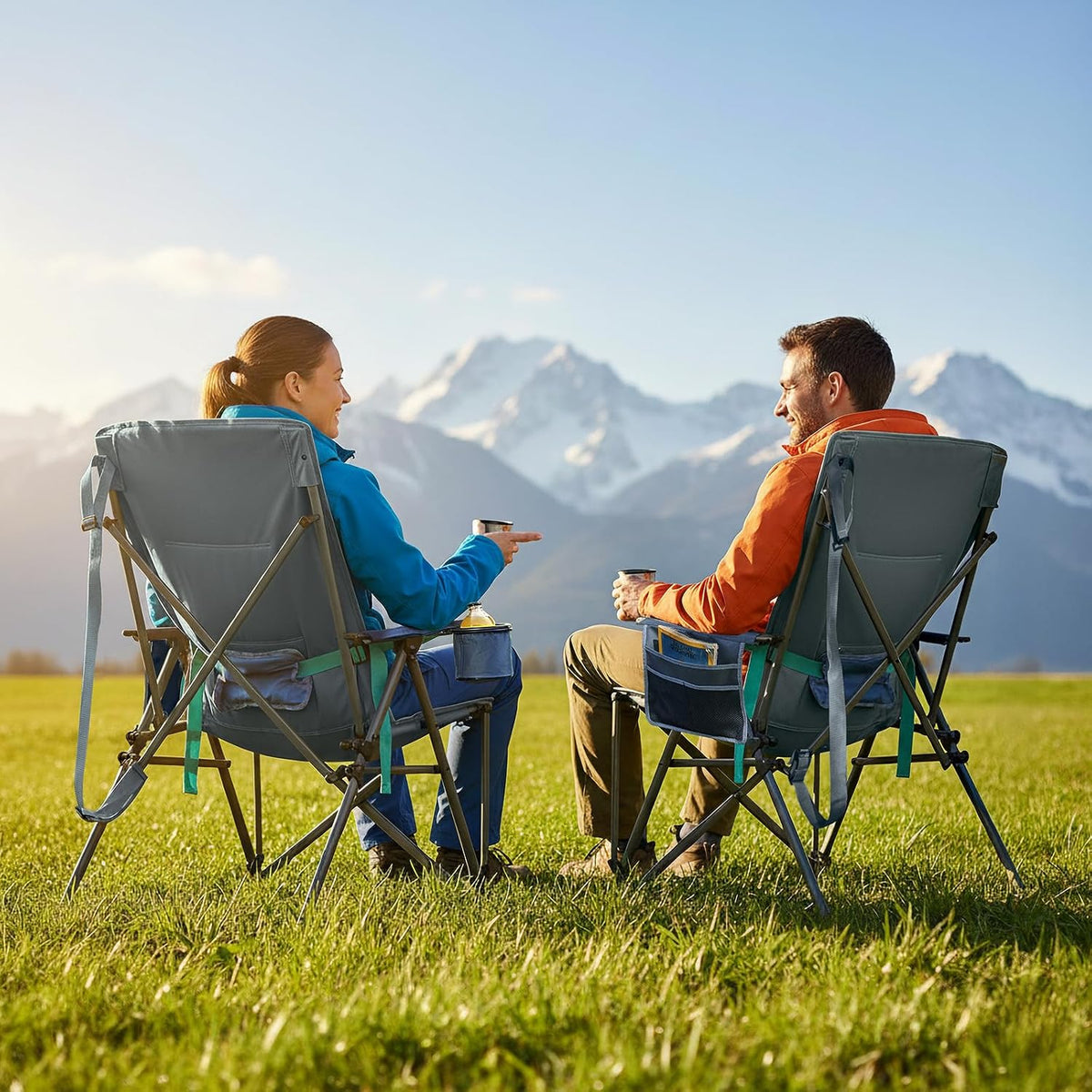Timber Ridge Oversized Camping Chair with Lumbar Support, Portable Folding Chair Heavy Duty for Adults Supports 450 LBS for Outdoor Camping Lawn, with High Back, Cup Holder, Side Pocket, Blue