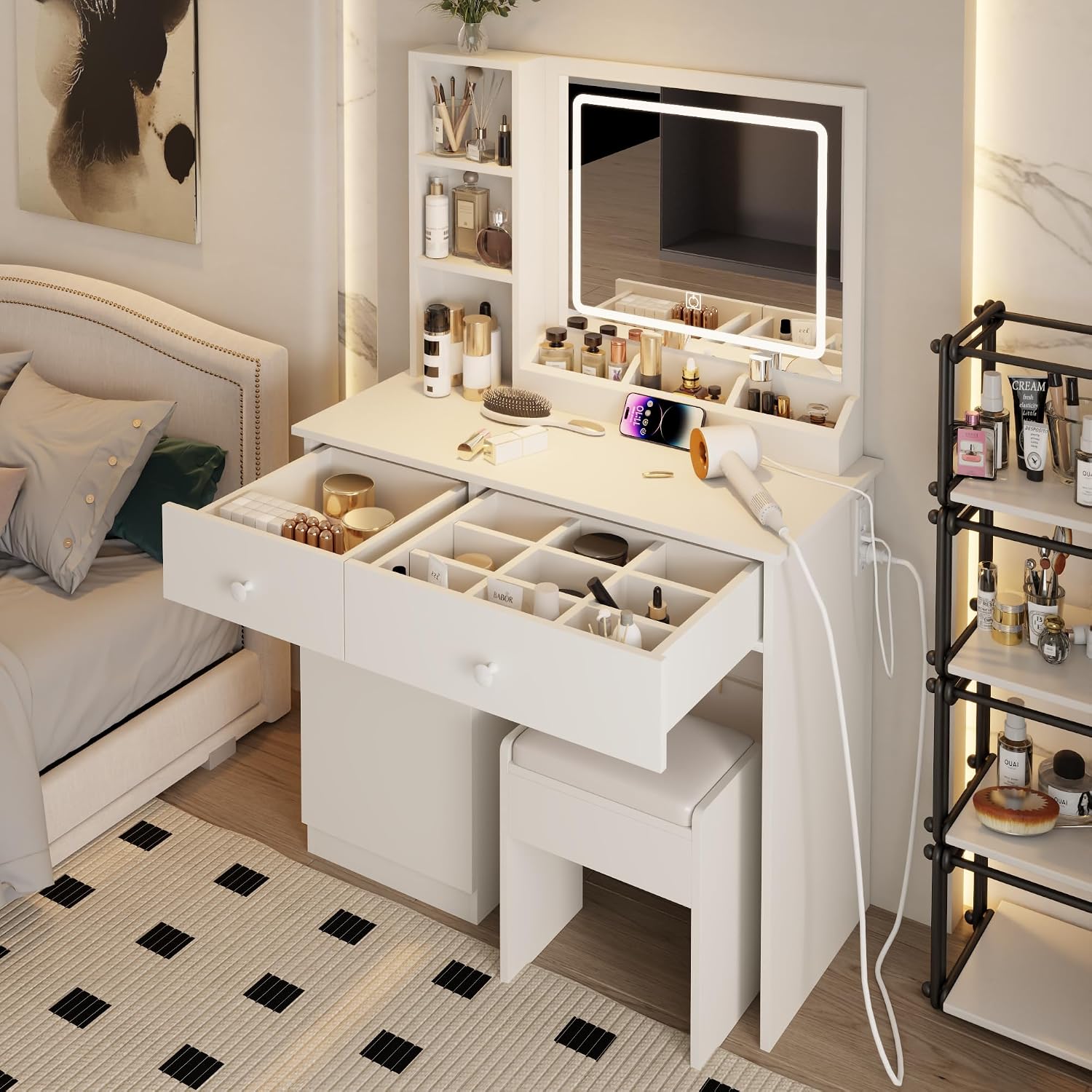 Vanity Set with Mirror and Stool and Lights, with Power Outlet,Dressing Table with Vanity Benches,for Girls Women with Storage Stool,for Bedroom with Chair (White)