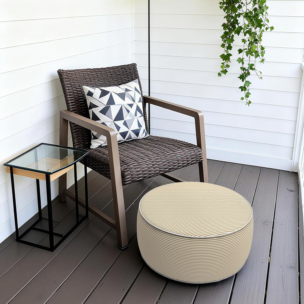 Inflatable Stool Ottoman, Footrest Ottoman with Handle, Outdoor or Indoor Round Portable Stool for Patio Home Decoration, 21x9 Inch, Stripe Beige