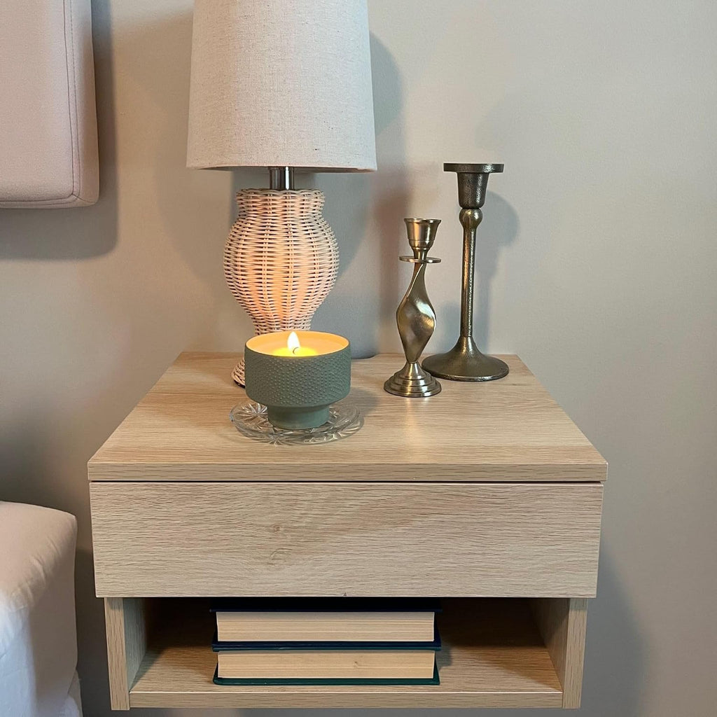 Nathan James Jackson Wall Mounted Floating Bedroom Nightstand with Storage Drawer and Modern Open Shelf Cubby, Light Oak Wood