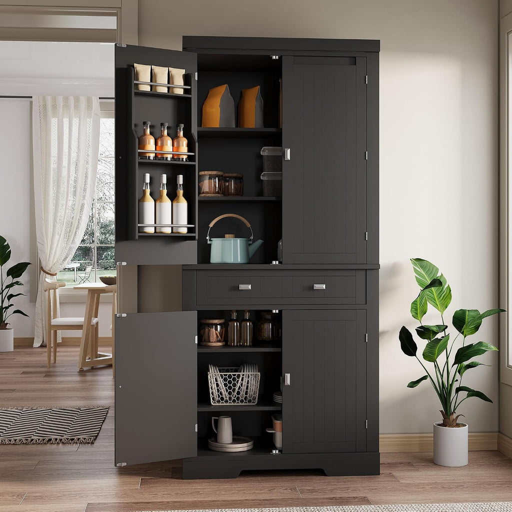 IDEALHOUSE 72" Kitchen Pantry Cabinet with Drawer, Doors and Shelves, Wood Farmhouse Storage Cabinet, Large Storage Cupboard for Living Room, Dining Room(Black)