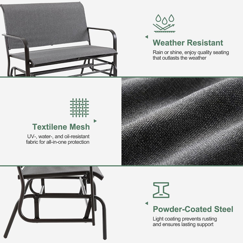 Shintenchi 2-Person Outdoor Glider Bench with Breathable Fabric, Steel Frame Patio Swing Chair, Ergonomic Design Metal Rocking Bench Loveseat for Patio, Backyard, Poolside, Gray