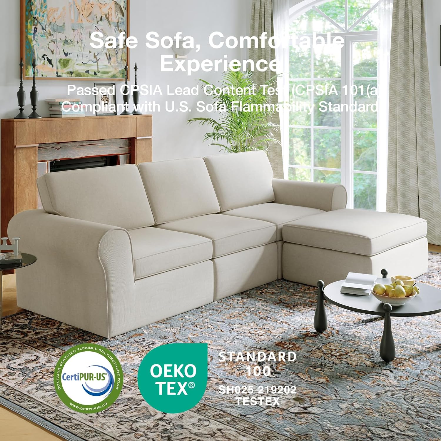 Novilla 108" Modular Sectional Sofa, Modular Sectional Couches for Living Room Bedroom, Chenille Removable Cover Cloud Couch with Smarts Coil® Support L-Shaped Couch(Beige, 3 Seater + 1 Ottoman)