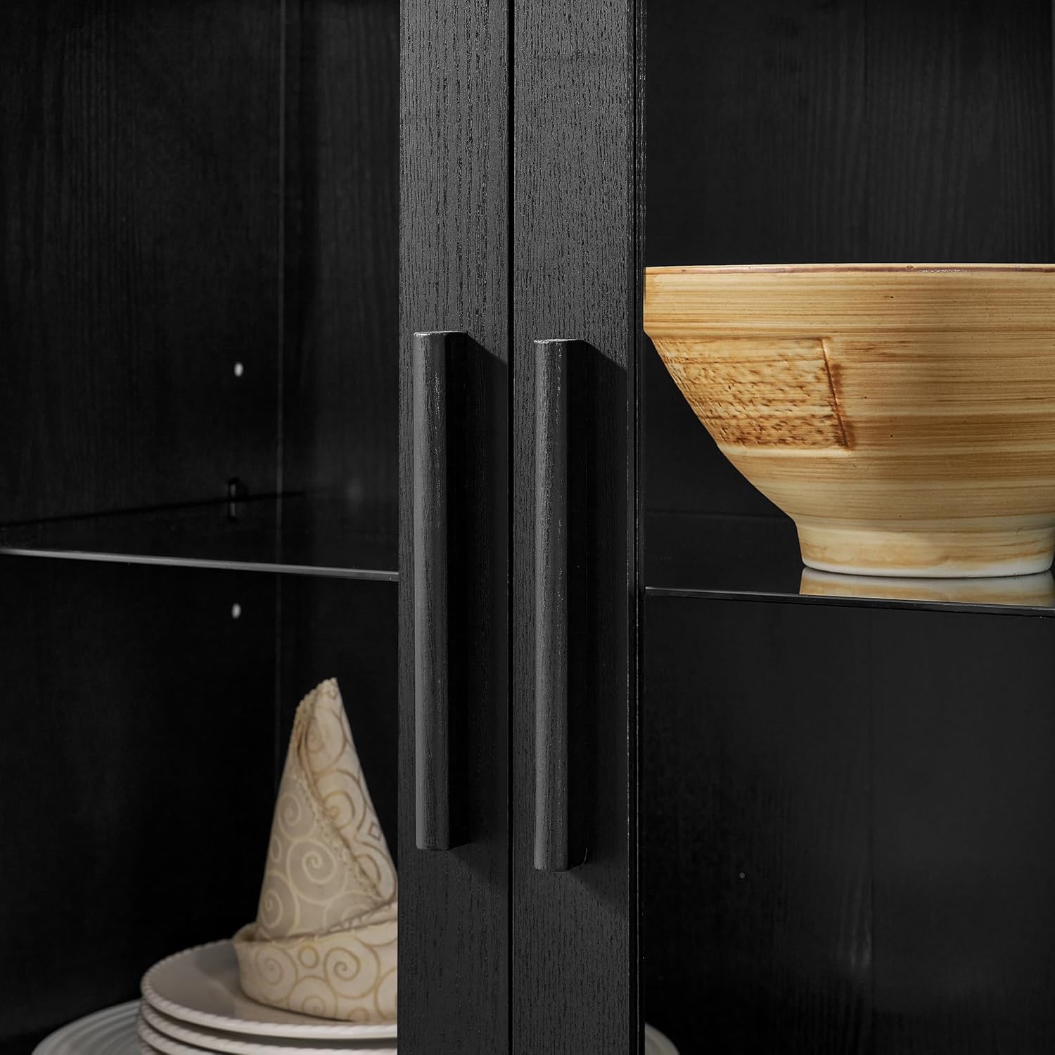 67" Arched Cabinet with Glass Doors: Pantry Cabinets for Kitchen Storage,Modern Retro Style Wooden,Book Display Shelf with Adjustable Glass Partitions & Light - for Kitchen,Entryway.Black
