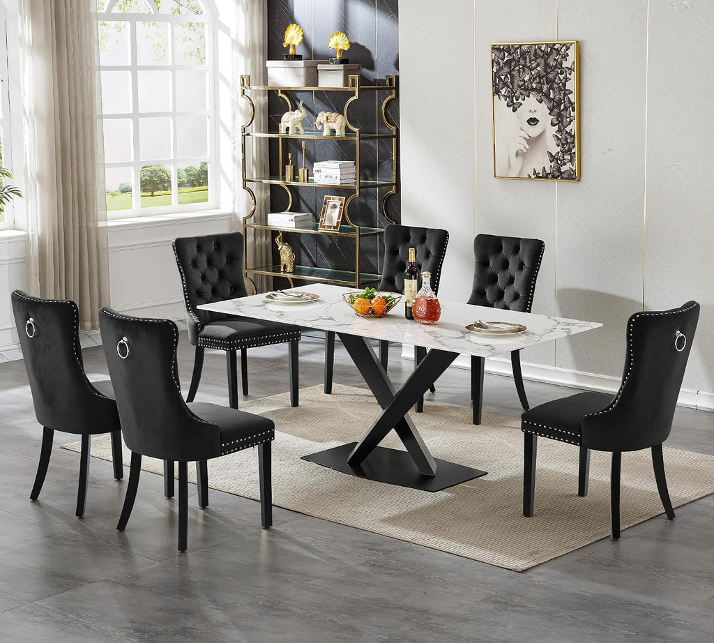 70in Faux Marble Dining Table for 6-8 Person, Modern White Kitchen Dining Room Table with Black X-Shape Carton Steel Pedestal Base, Large Rectangle Dinner Table for Kitchen Dining Room