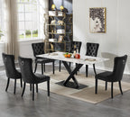 70in Faux Marble Dining Table for 6-8 Person, Modern White Kitchen Dining Room Table with Black X-Shape Carton Steel Pedestal Base, Large Rectangle Dinner Table for Kitchen Dining Room