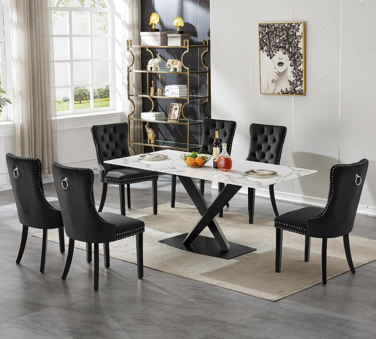 70in Faux Marble Dining Table for 6-8 Person, Modern White Kitchen Dining Room Table with Black X-Shape Carton Steel Pedestal Base, Large Rectangle Dinner Table for Kitchen Dining Room