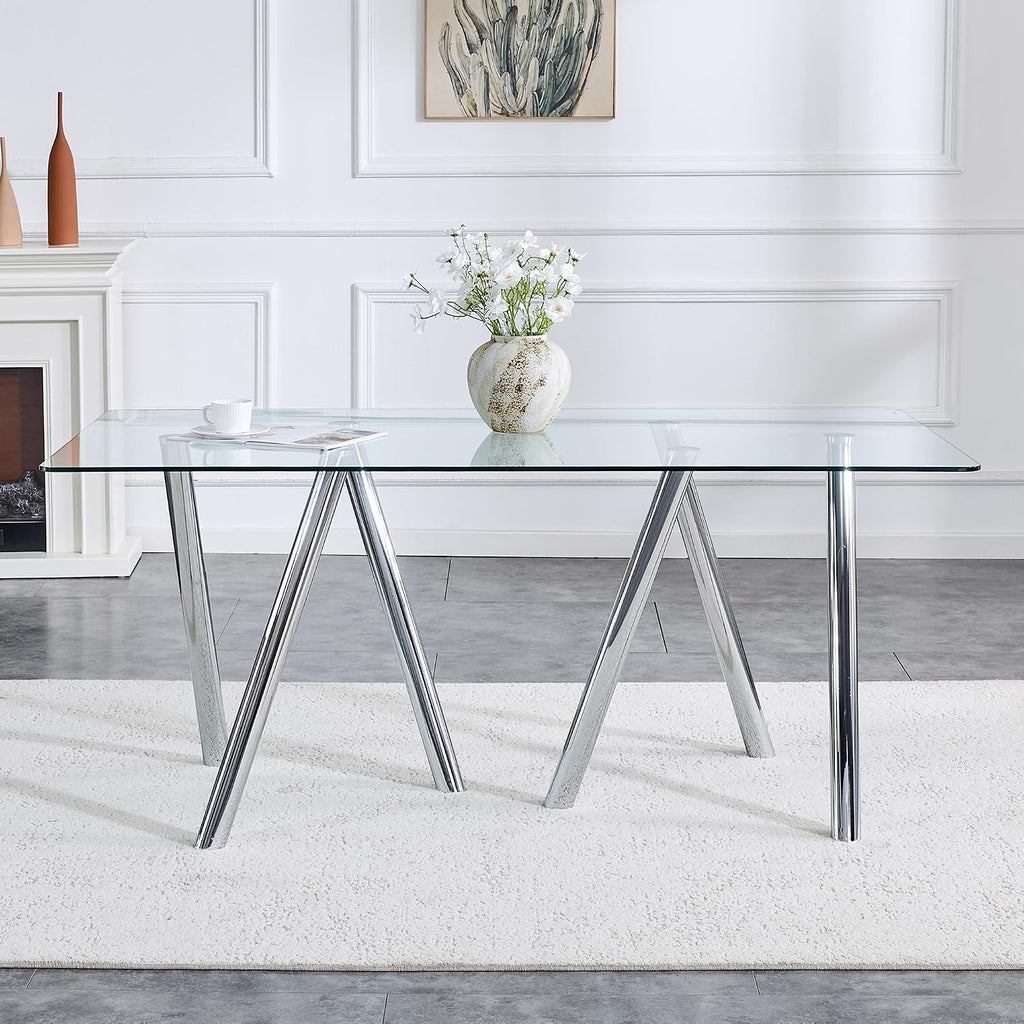 Glass Dining Table for 4 6 8 Pepole,71 Inch Rectangle Kitchen Dining Room Table with 0.39" Thick Tempered Glass Tabletop & Metal Legs, Modern Glass Top Silver Dinner Table for Dining Room