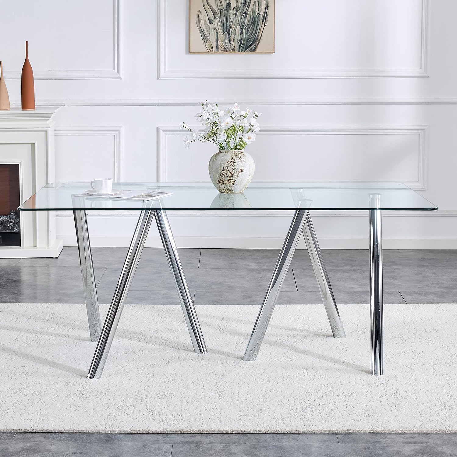 Glass Dining Table for 4 6 8 Pepole,71 Inch Rectangle Kitchen Dining Room Table with 0.39" Thick Tempered Glass Tabletop & Metal Legs, Modern Glass Top Silver Dinner Table for Dining Room