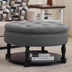 Round Storage Ottoman Coffee Table with Shelf, Fabric Dark Gray | Multi-functional gray tufted fabric ottoman coffee table with hidden storage, bottom shelf & classic nailhead trim