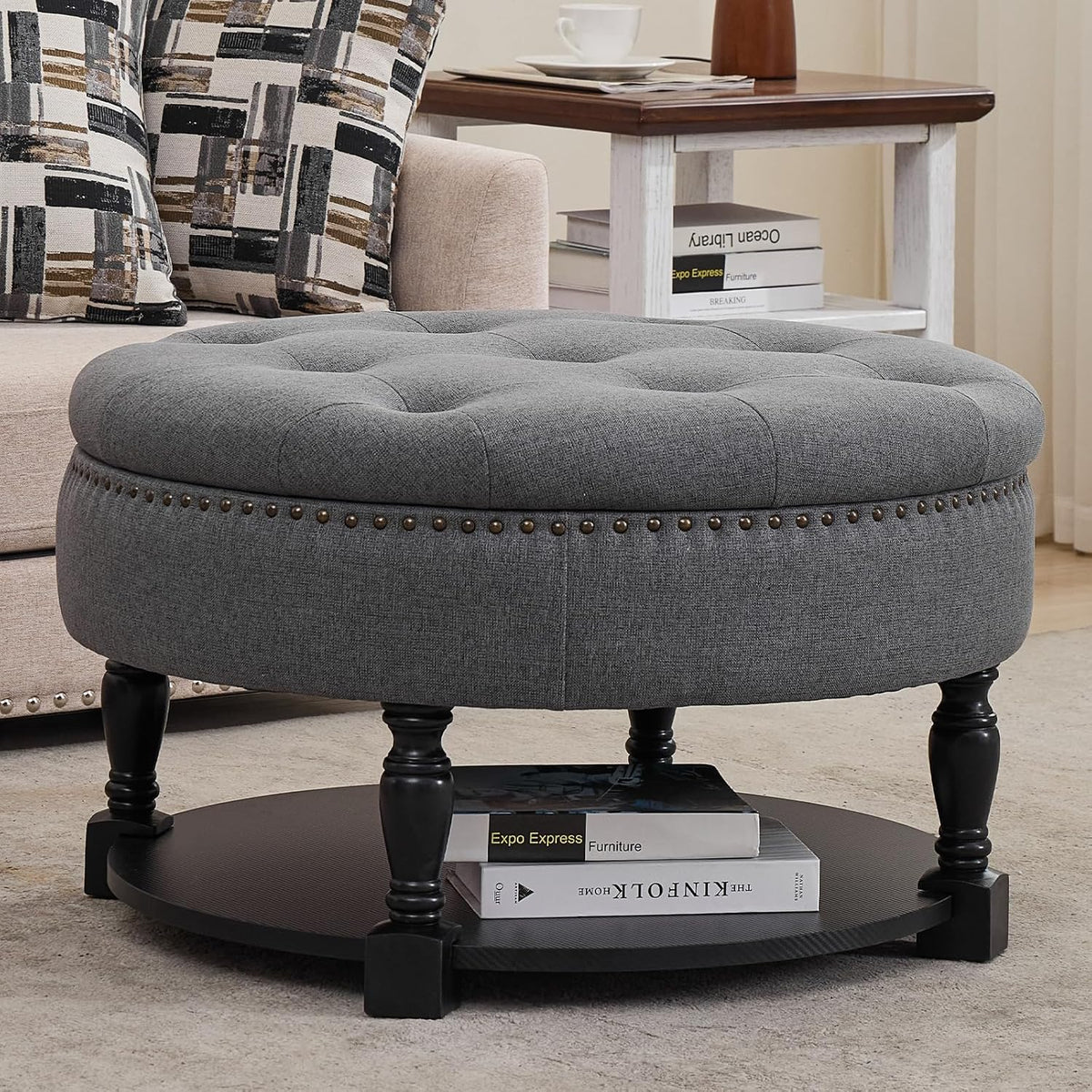 Round Storage Ottoman Coffee Table with Shelf, Fabric Dark Gray | Multi-functional gray tufted fabric ottoman coffee table with hidden storage, bottom shelf & classic nailhead trim