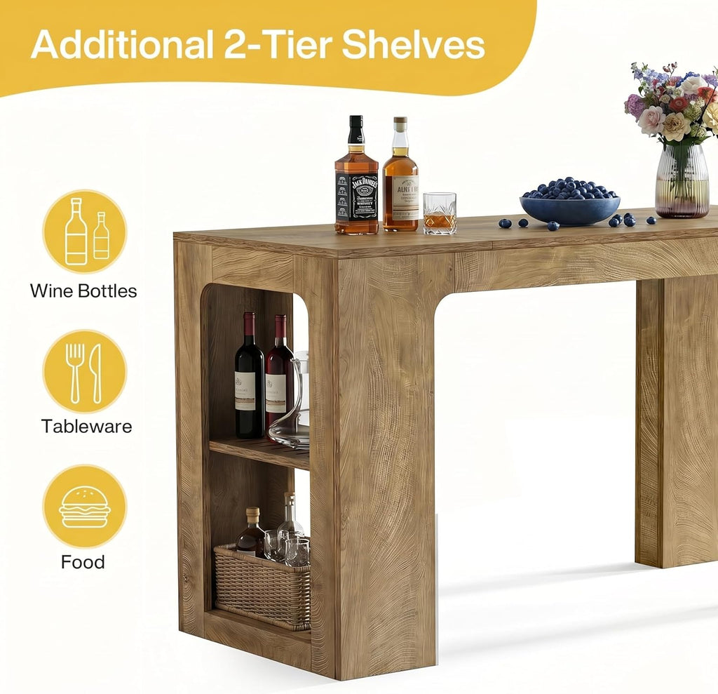 Tribesigns 63'' Long Kitchen Island with Storage, Wooden Counter Height Stationary Island Stand with 2 Shelves and Spacious Legroom, High Top Table for Kitchens, Brown, 2PCS
