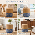 Wimarsbon Natural Seagrass Foot Stool, Hand Weaving Round Ottoman, for Living Room, Outdoor Seat (Natural & Blue)