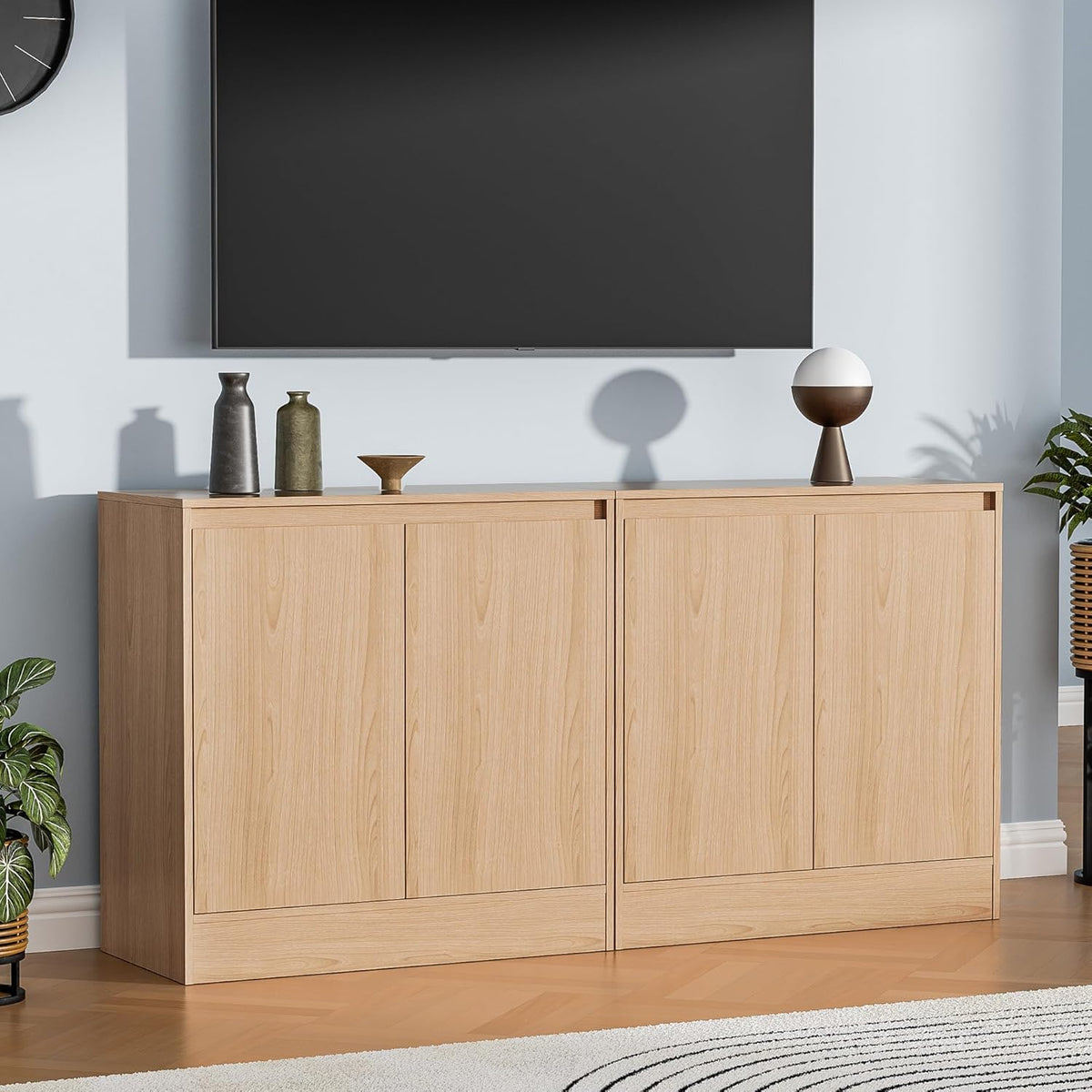Housoul Buffet Cabinet with 4 Doors, Coffee Bar Cabinet with Adjustable Shelf, Modern Kitchen Buffet Sideboard for Living Room, Kitchen, Oak [2-Set]