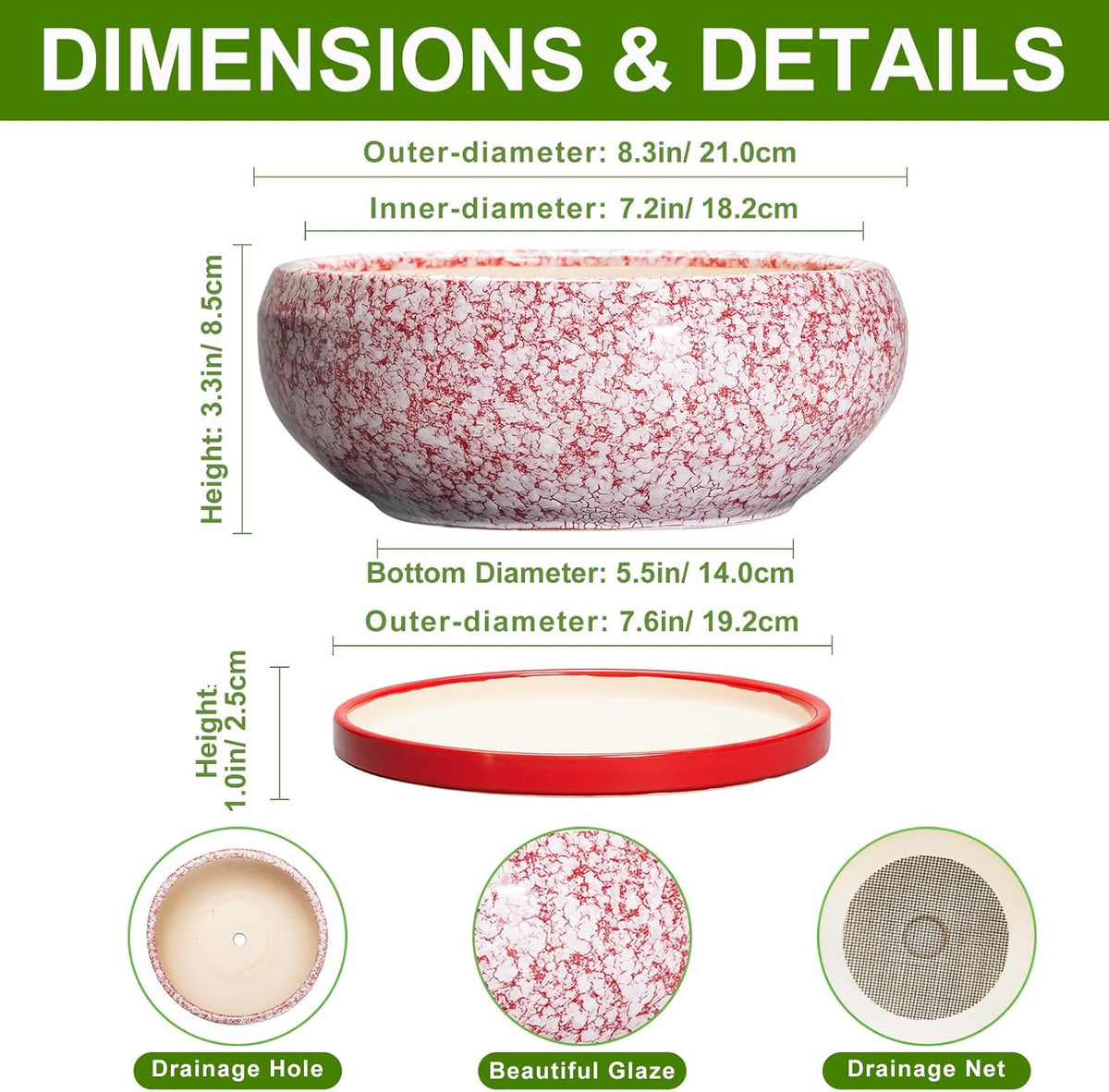 Succulent Pots - 8 Inch Bonsai Pots for Indoor Outdoor, Shallow Ceramic Planter with Drainage Hole and Saucer, Round Flower Succulent Planters, Room Decor, Gifts for Plant Lovers, Red