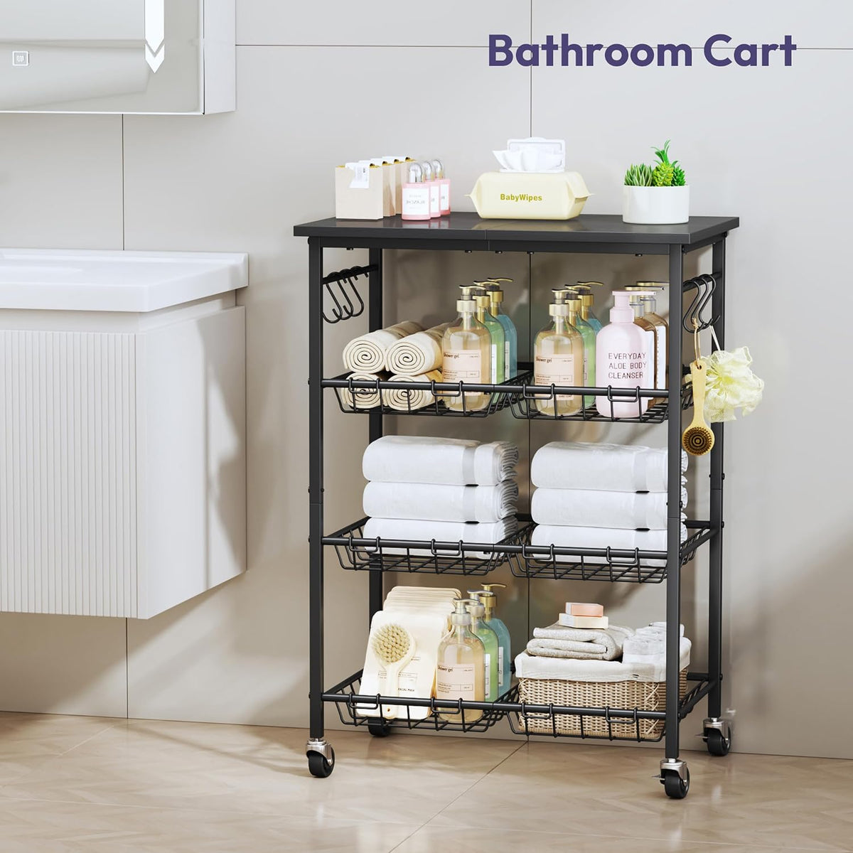 SWTYMIKI 24.4''x15.7'' Rolling Microwave Cart - 4 Tier Microwave Table Stand with 6 Storage Baskets, Coffee Bar with Wheels, Kitchen Utility Cart Shelf Rack Organizer for Vegetables, Potato, Black