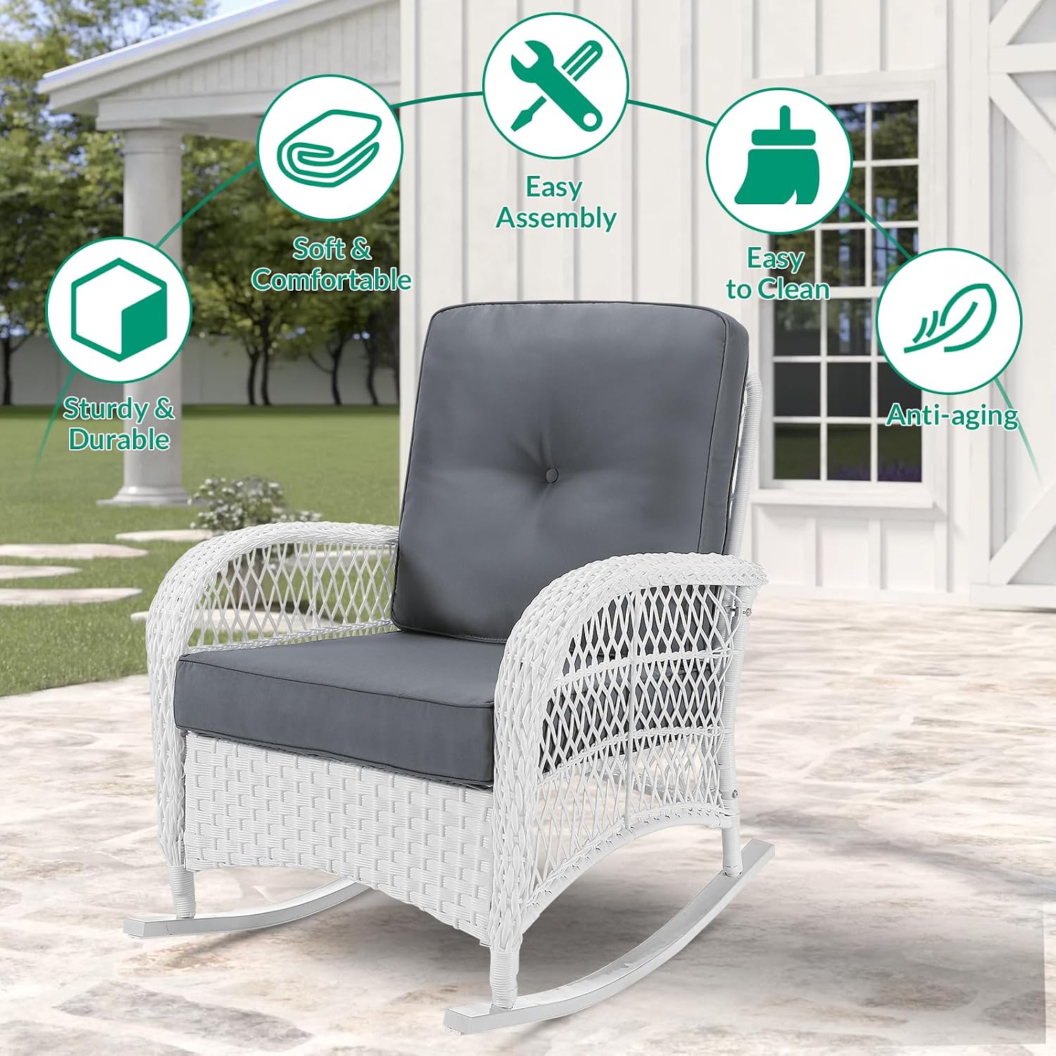VIVIJASON Outdoor Wicker Rocking Chair, Patio Rattan Rocker Chair with Cushions & Steel Frame, All-Weather Rocking Lawn Rattan Furniture for Garden Backyard Porch (White Wicker/Grey)