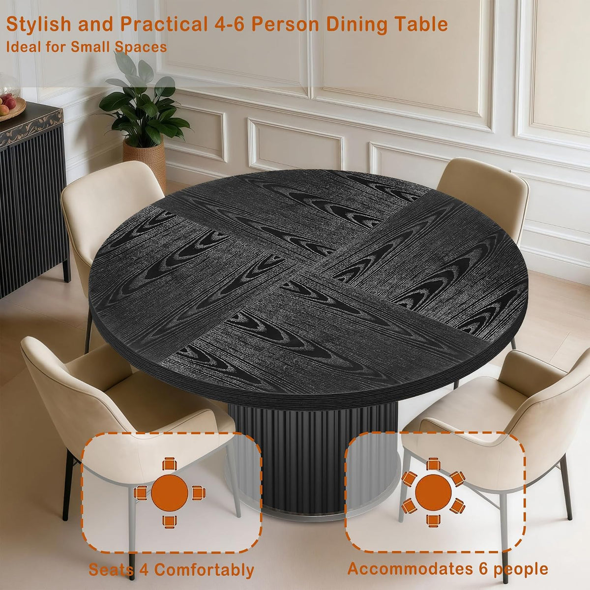 Oigavfd Black Round Dining Table for 4, 47" Circle Dining Table,with MDF Top and Fluted Base,Round Kitchen Tables,Sturdy 300 Lbs for Family Gatherings