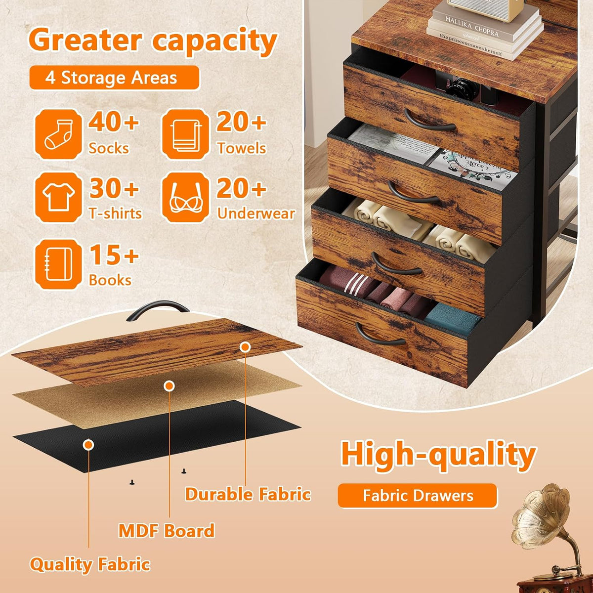 Furnulem Night Stand with Charger Station, 4 Fabric Drawers and LED Lights | 38'' Tall Bedside Table with Storage Shelf for Bedroom, Office, Metal Frame, Wood Shelves, Rustic Brown Nightstand