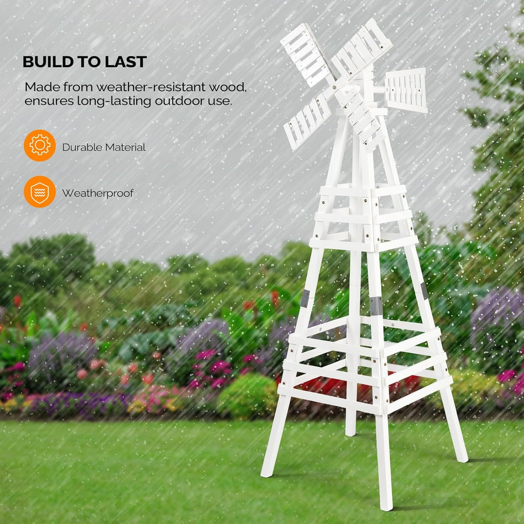 Wooden Windmill, Weather-Proof Wind Spinner, Outdoor Wind Mill for Garden Lawn Patio Decoration (White, Medium)