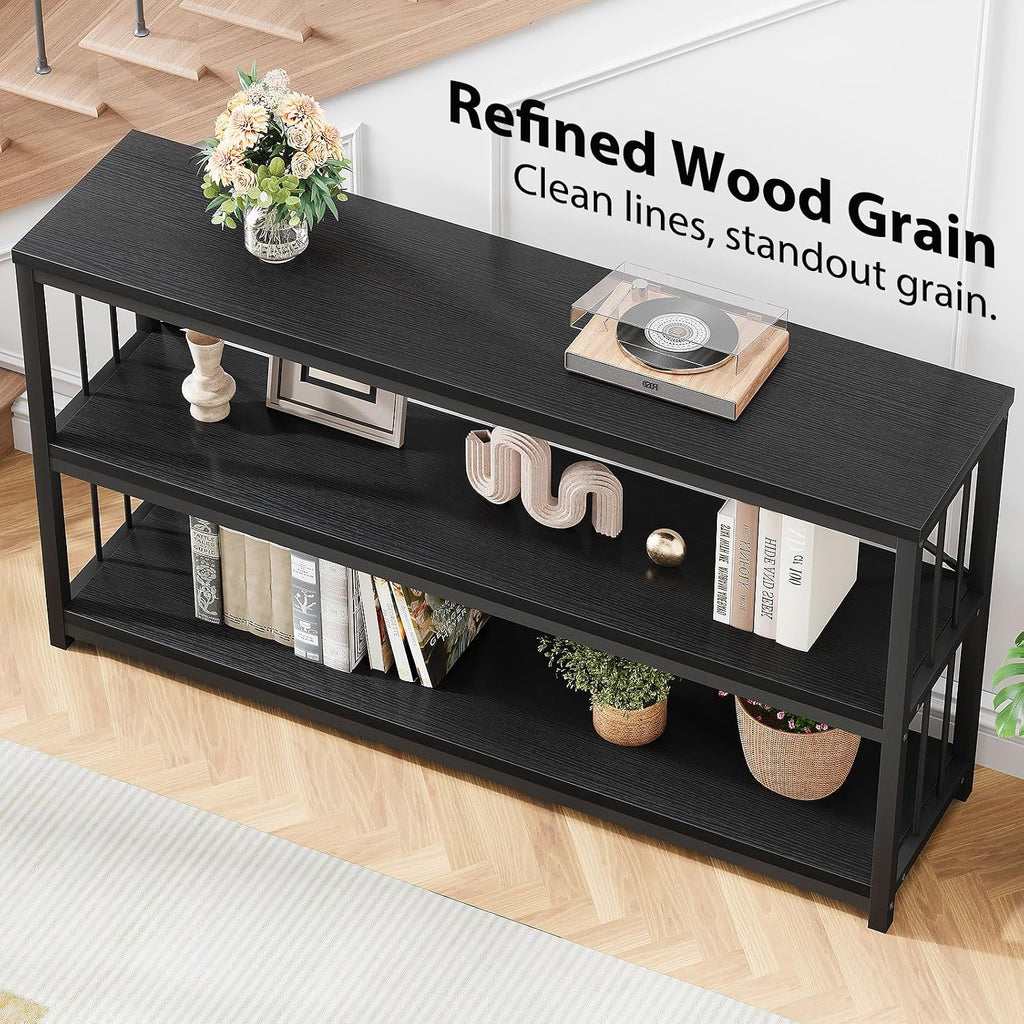 LVB Farmhouse Industrial Console Table for Home, Black Oak, 70 Inch | Wood Metal Foyer Entryway Sofa Tables with Storage, 3 Tier Long Rustic Entry Table TV Stand with Shelves for Home Living Room