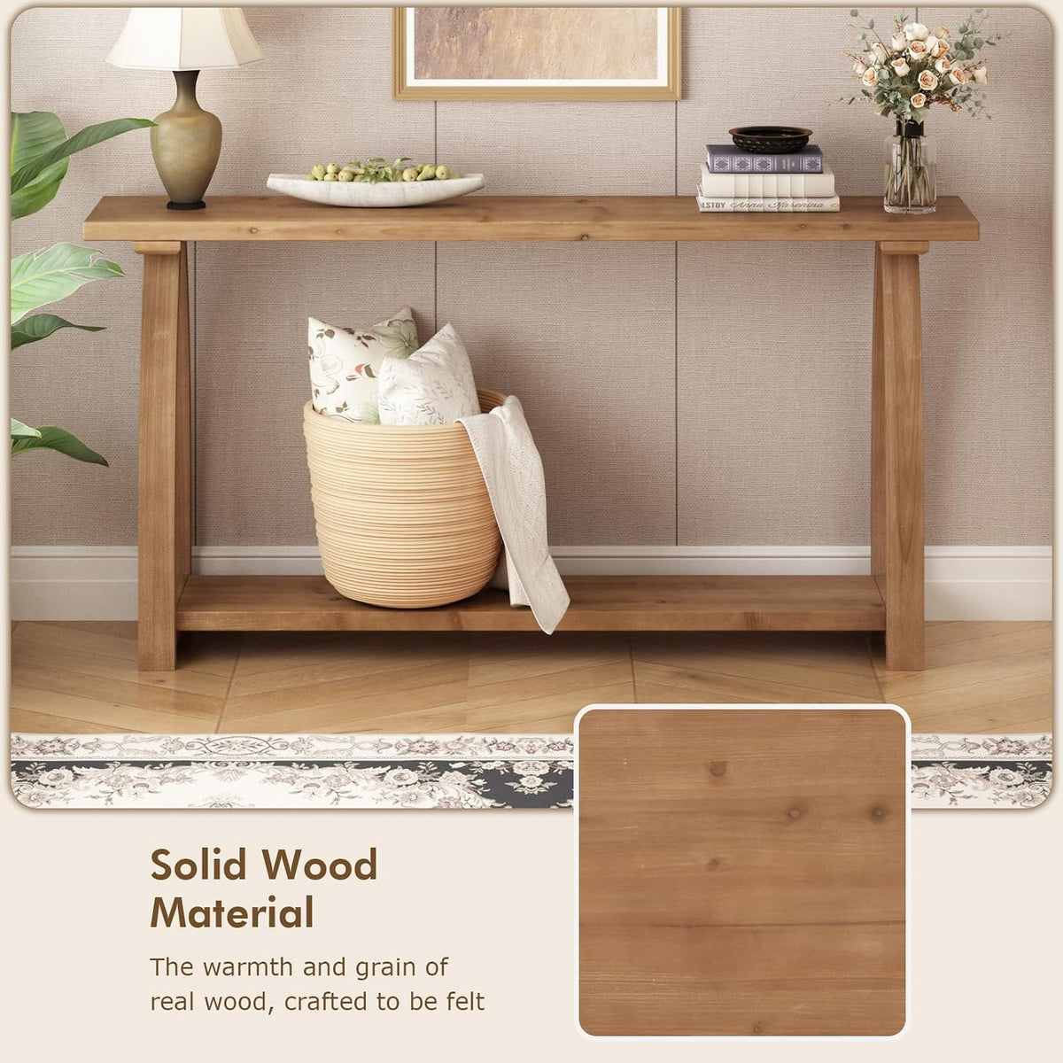 HOKYHOKY Solid Wood Console Table, 63" Long Farmhouse Entryway Tables Narrow Behind Couch Table with A-Shaped Curved Legs, Rustic Skinny Sofa Tables for Living Room, Hallway or Foyer
