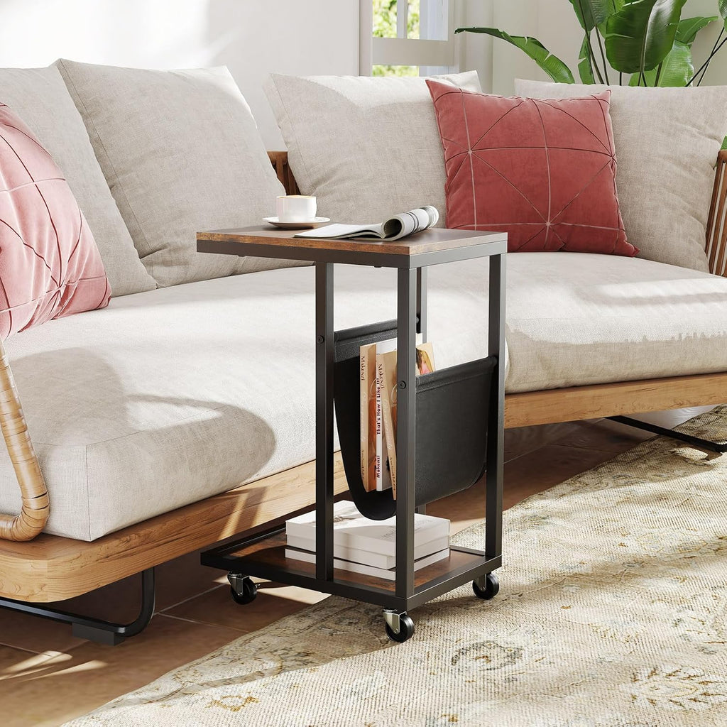 Giantex C Shaped End Table with Rolling Wheels, Sofa Side Table with Magazine Storage Holder & Metal Frame, Mobile TV Tray Table for Small Space Living Room, 16" L x 11" W x 23" H, Rustic Brown