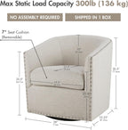 Madison Park Swivel Barrel Accent Chair, Upholstered Curved Back with 7-Inch Thick Woven Cushion, 360° Swivel, Nailhead Trim, Comfy Chair for Living Room, Bedroom, Office, 28" Wide, Neutral, Tyler