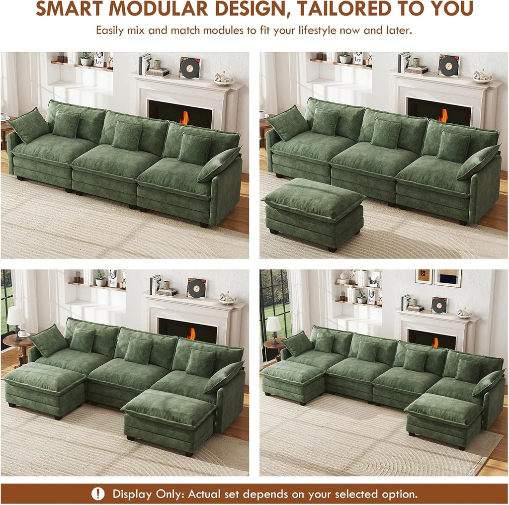 WorthFurni 111.4" Cloud Couch, Modular Sectional Sofa with Ottoman, Comfy Modern 3-Seater Couches with Pillows & Upholstered Deep Seat Cushion for Living Room Bedroom Apartment (Green)