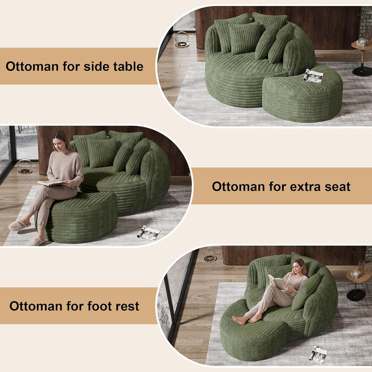 DAMAIFROM 50.5" W x 67" D Oversized Chaise Lounge Chair with Ottoman,Green | 38D Sponge,Round Reading Chair Luxury Plush Cloud Circle Sleeper for Living Room Bedroom, 5 Pillows,Corduroy