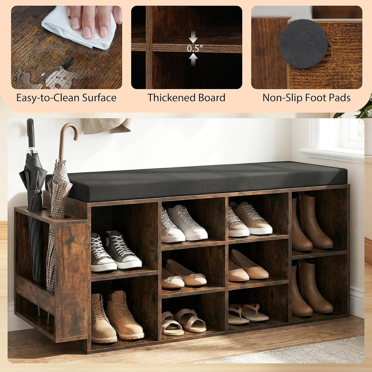 Tangkula Shoe Storage Bench with Umbrella Holder, 40" Shoe Organizer with Cushioned Seat, 10 Cubbies & Adjustable Shelves, Wooden Industrial Shoe Rack for Entryway, Living Room, Bedroom (Rustic Brown)