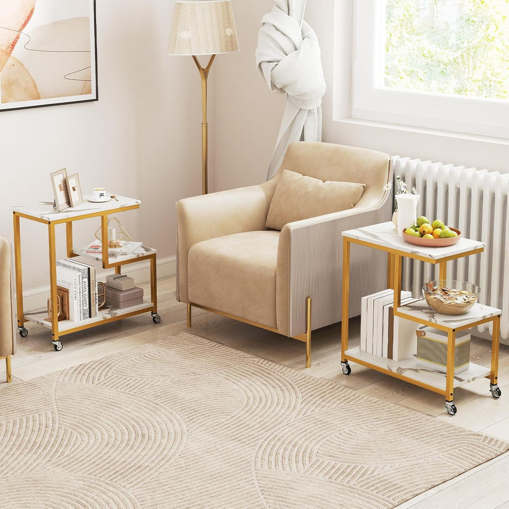 Giantex 3-Tier Side Table with Wheels, G-Shaped Mobile End Table with Open Shelves & Metal Frame, Rolling Sofa Couch Table for Living Room Bedroom Office, White & Gold