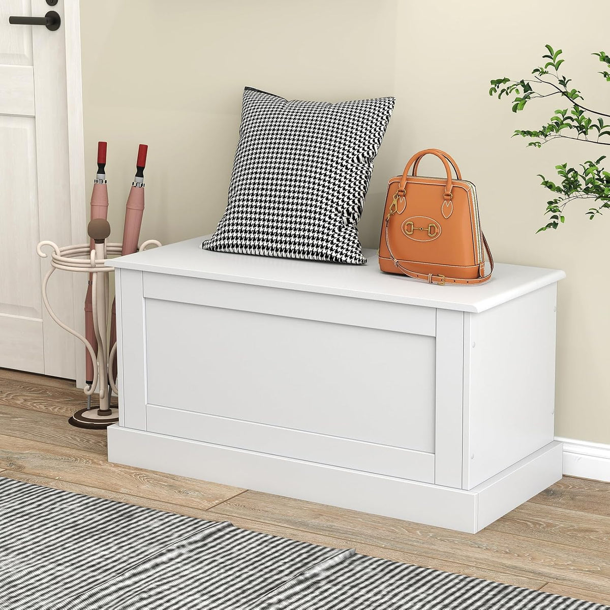 LOKO 35.5-inch Wooden Storage Bench, Lift Top Storage Box (White) | Large Storage Chest | Farmhouse Storage Trunk | Metal Hinges | Safety Hydraulic Strut | For Living Room, Bedroom, Entryway
