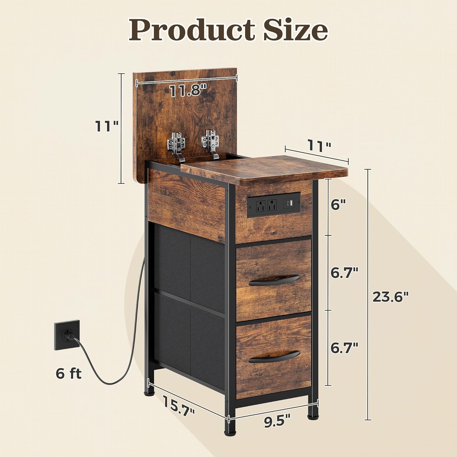 Huuger Narrow End Table with Charging Station, Side Table with 2 Drawers