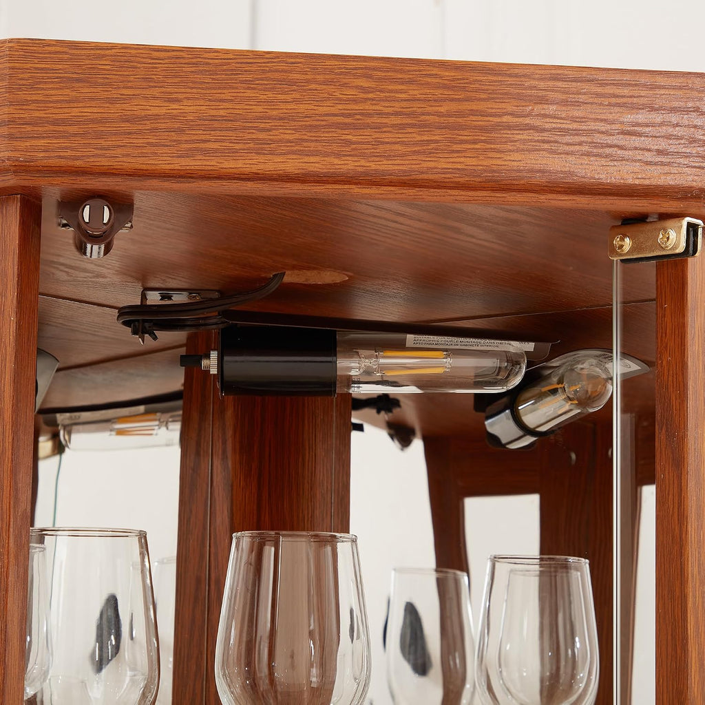 Tall Corner Cabinet with Glass Doors, Lighted Glass Display Curio Cabinet with Adjustable Shelves, Home Office Floor Standing Display Cabinets for Bar, Liquor Storage and Medal, Dark Oak