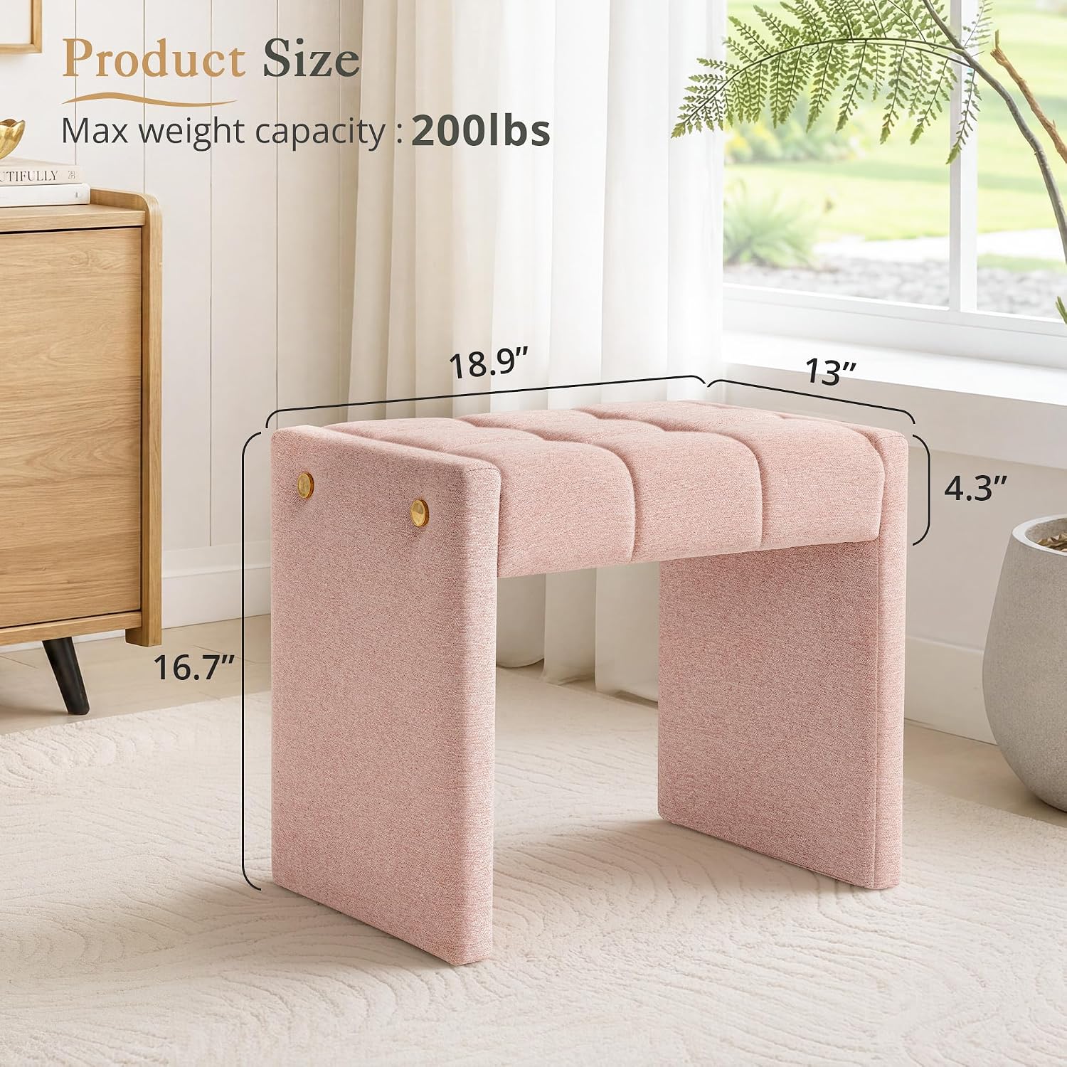 LUE BONA Modern Grid Tufted Vanity Bench Stool, 4.33'' Thick Chenille Upholstered Ottoman Footstool for Makeup Room, Bedroom & Living Room, 200lbs Capacity, Pink