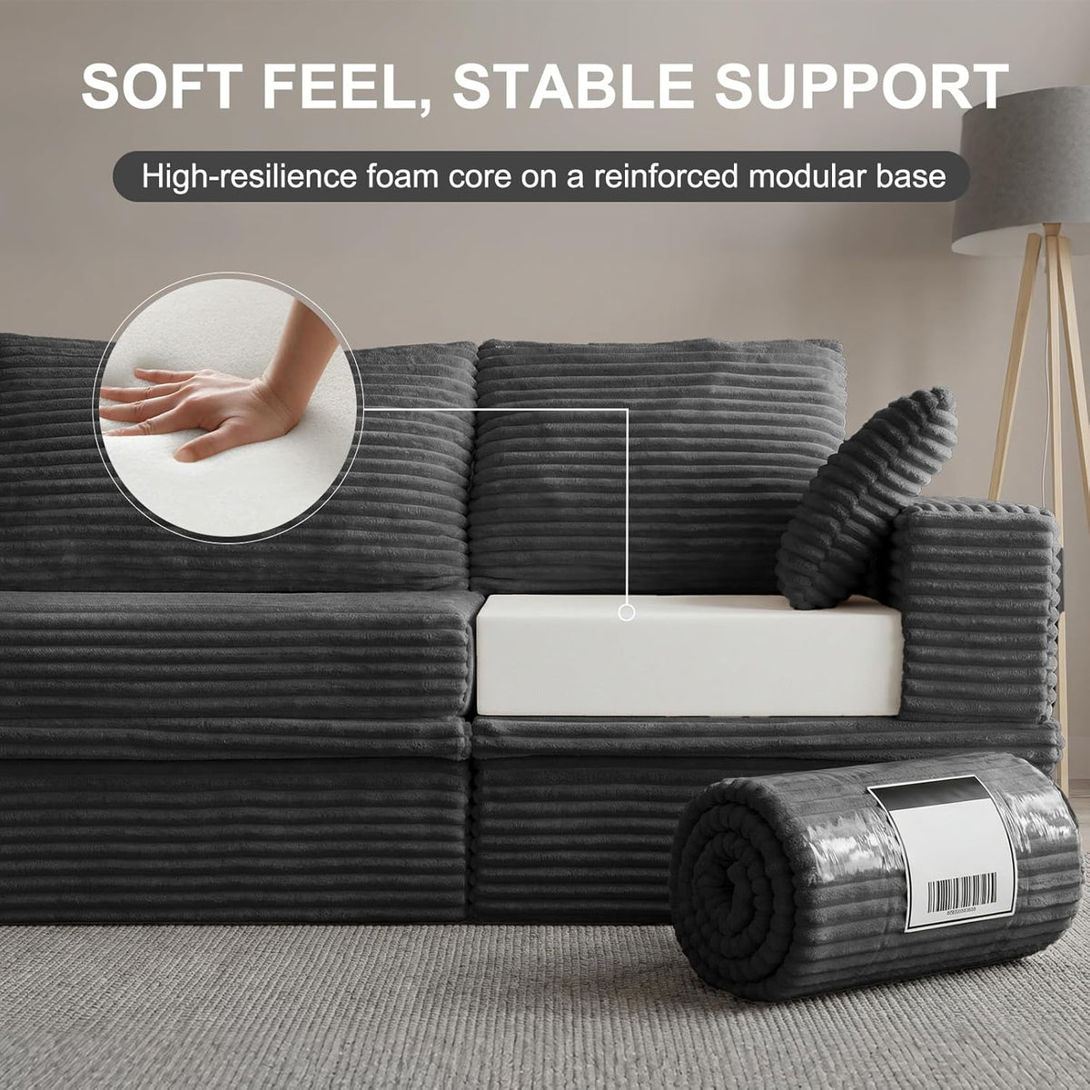 107'' Modular Sectional Sofa, Deep Seat Couch with Storage | Oversized High-Back for Living Room & RV | With Ottoman | High Density Foam & Corduroy | Tool-Free Assembly | Cozy Dark Gray