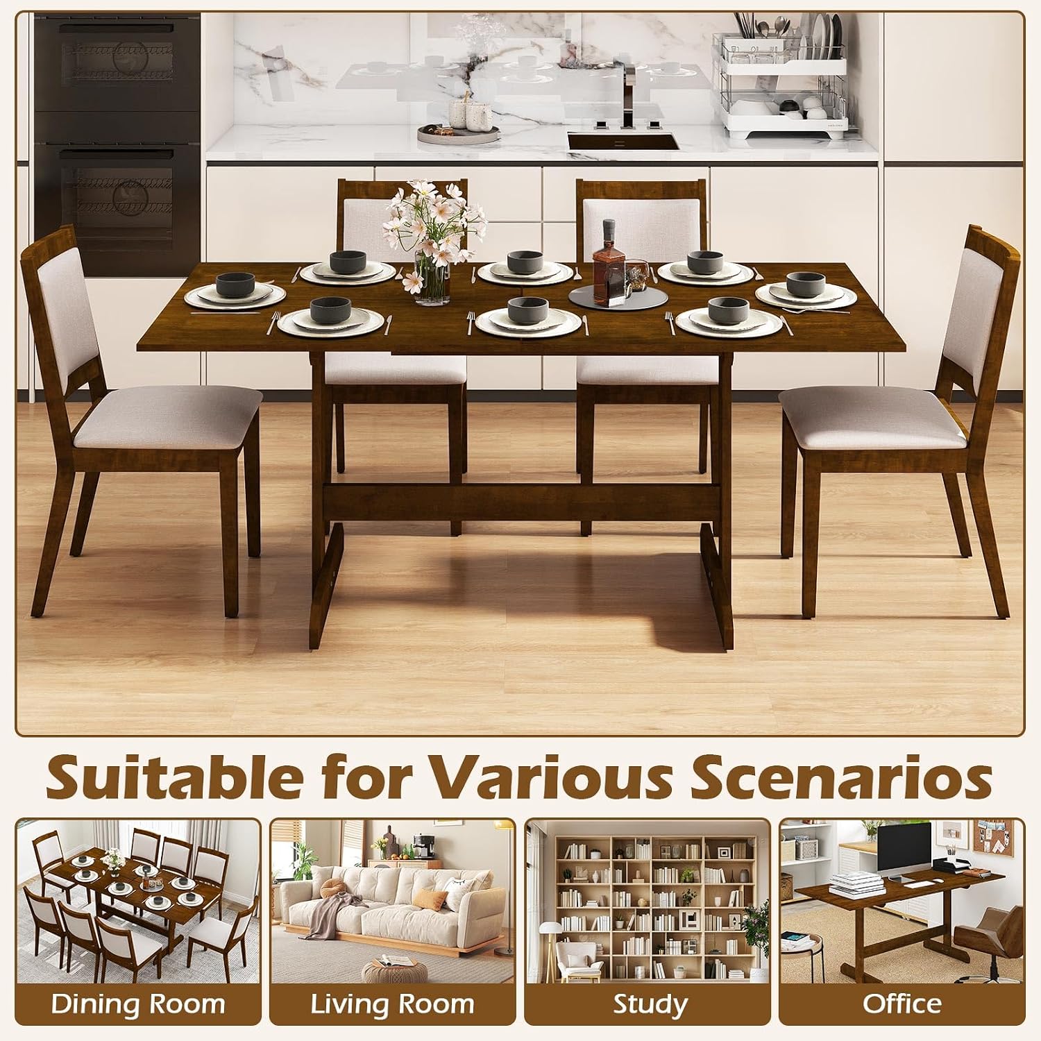 Giantex 71" Dining Table for 6-8, Large Kitchen Table with H-shaped Rubber Wood Leg and Wood Grain Tabletop, Reinforced Back Support, Non-slip Foot Pads, Dinner Tables for Living Room, Office, Dinette