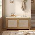 VASAGLE Boho Shoe Bench with Cushion, 2 Rattan-Look Cabinet Doors | Entryway Storage Bench, Rounded Corners, Adjustable Shelf, Natural Brown, ELLAN Collection ULSB501KC01