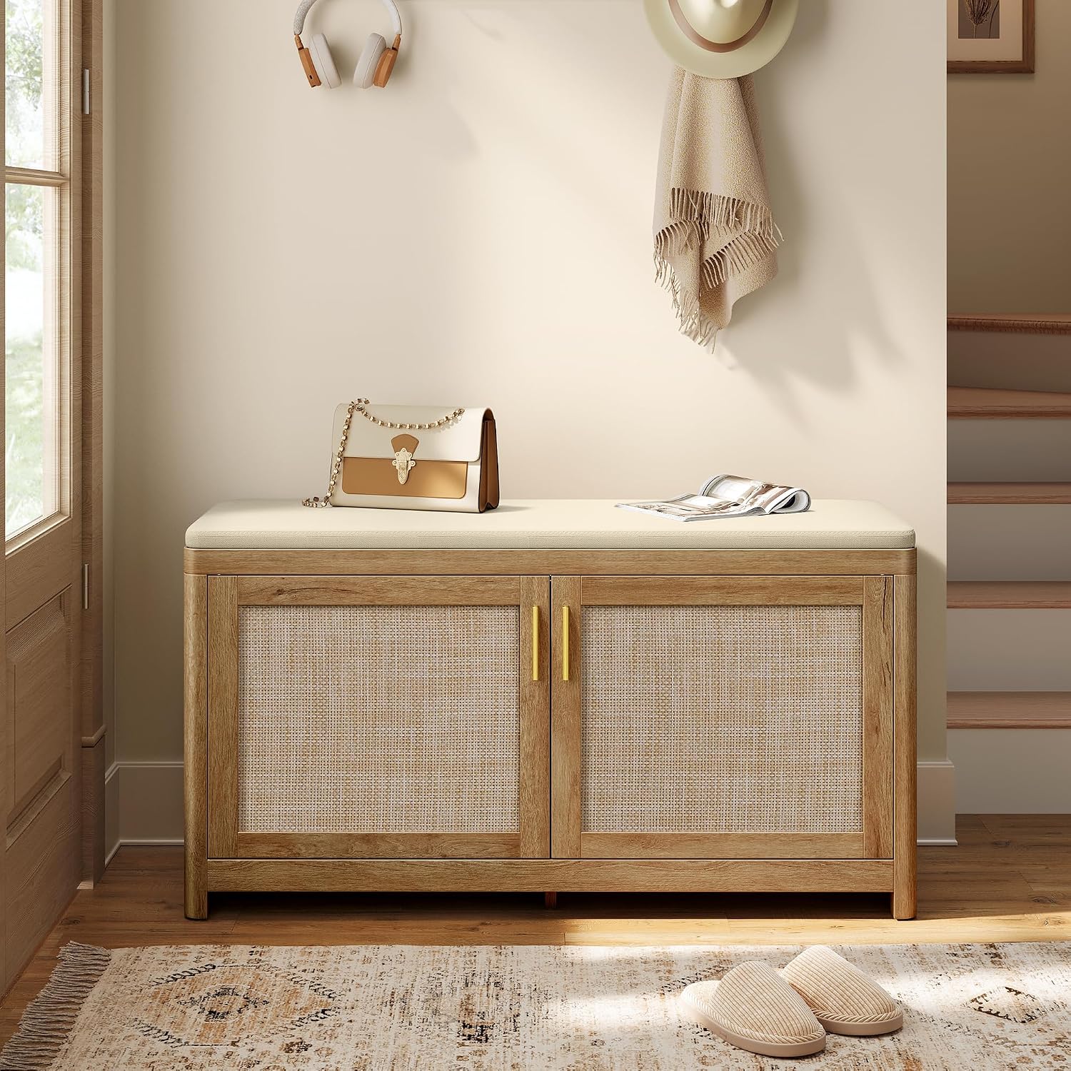 VASAGLE Boho Shoe Bench with Cushion, 2 Rattan-Look Cabinet Doors | Entryway Storage Bench, Rounded Corners, Adjustable Shelf, Natural Brown, ELLAN Collection ULSB501KC01