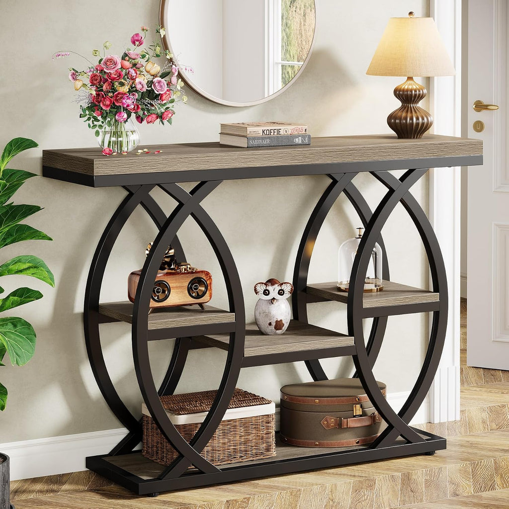 Tribesigns 39.4" Console Table, 4-Tier Sofa Table, Accent Tables, Grey | Storage Shelves, Wood Tabletop with Metal Frame, Industrial Style, For Narrow Entryway, Hallway, Behind the Couch