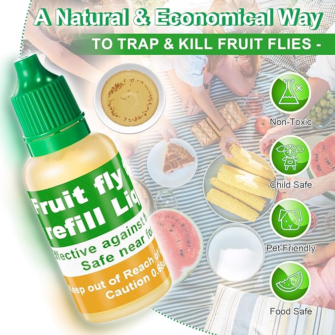 Qualirey 6 Pack Fruit Fly Trap Refill Liquid, 0.68oz Per Bottle Liquid Fruit Fly Traps for Indoors, Non Toxic Bait Safe Near Pets, Food and Kids, Lure Refill for Home Kitchen