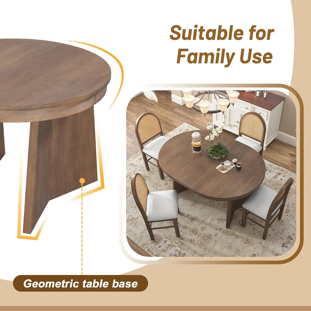 Merax 5-Piece Round Dining Table Set for 4, Extendable Kitchen Table Set with 4 Upholstered Chairs for Dining Room, Kitchen, Small Space, Beige+Walnut