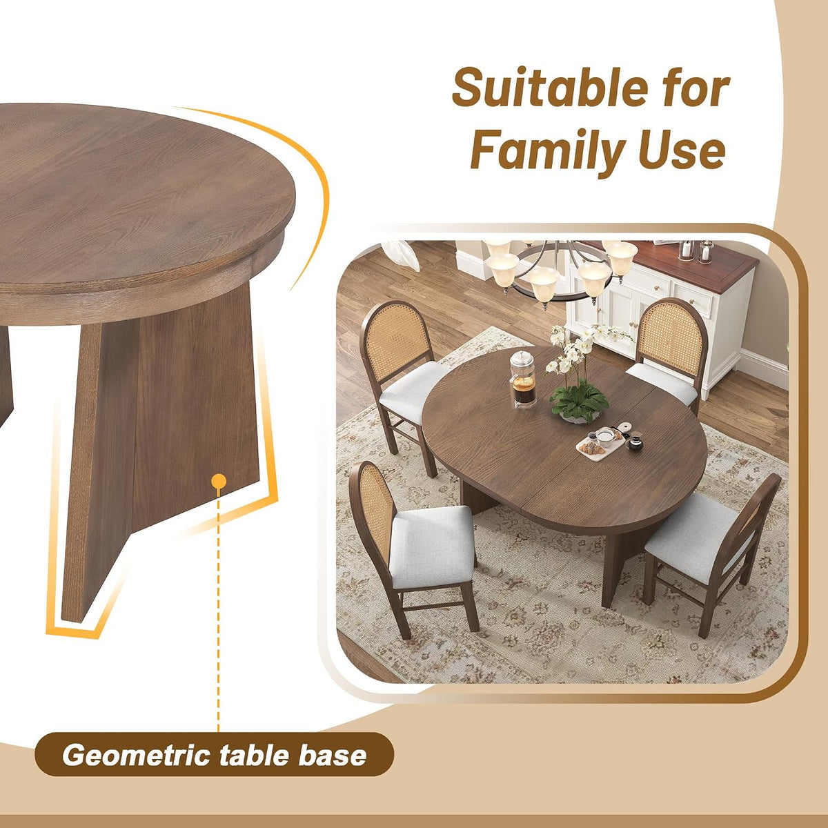 Merax 5-Piece Round Dining Table Set for 4, Extendable Kitchen Table Set with 4 Upholstered Chairs for Dining Room, Kitchen, Small Space, Beige+Walnut