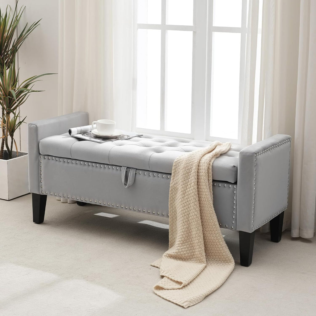 Velvet Storage Ottoman Bench, 46'' Upholstered Button Tufted End of Bed Bench, Modern Storage Bench for Bedroom, Living Room, Entryway, Grey