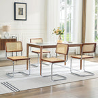 Rattan Dining Chairs Set of 2, Boho Modern Dining Chairs with Rattan Back, Curved Steel Base, Cantilever Kitchen Chairs for Kitchen, Living Room, Brown