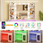 HUAHUU Vanity Desk with Mirror and Lights, Makeup Vanity Desk with Lights 3 Colors, Transparent Top Vanity with 2 RGB Drawers, 6 Shelves, Large Tempered Cabinet, Power Outlet, for Bedroom, White